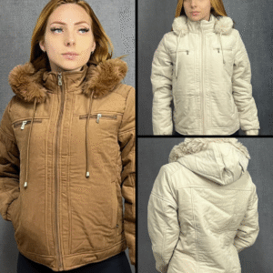 Parka Feminina Peluciada Curta – Capuz Removível com Pelo