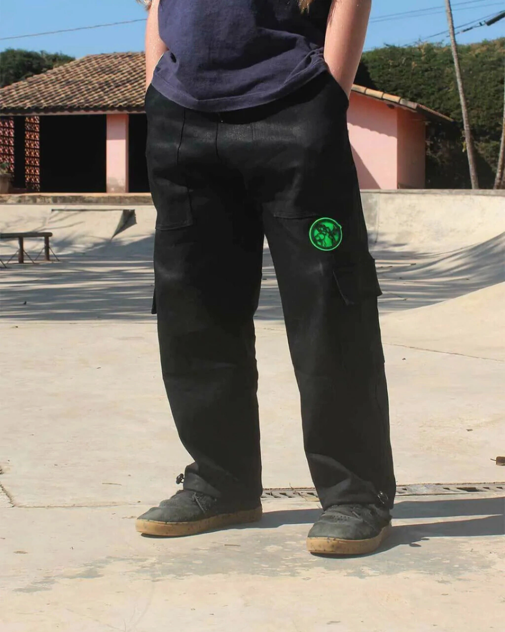 Calça Cargo Infantil Jeans QTS CREW Preta- Logomarca